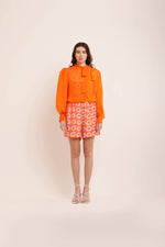 Load image into Gallery viewer, ORANGE ORGANZA KNOT COLLARED TOP WITH PRINTED SHORTS