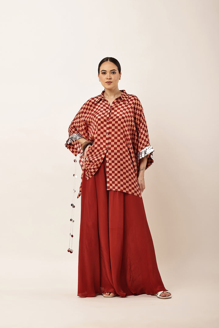 MAROON CHECK FLARED CO-ORD SET
