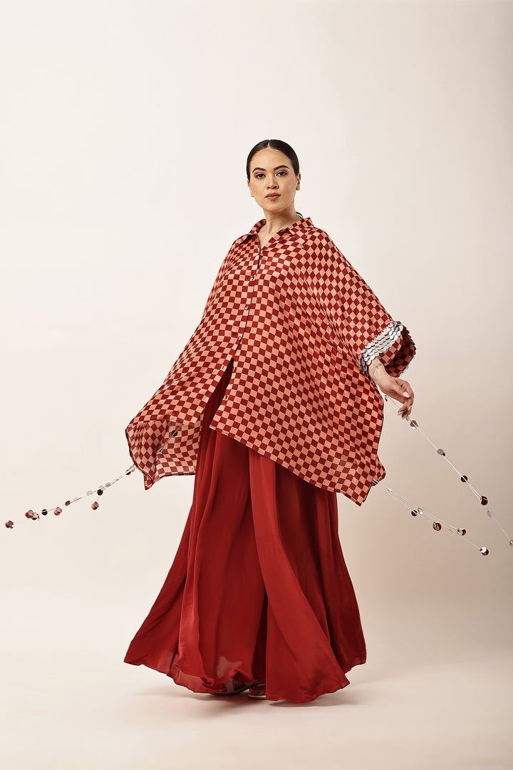 MAROON CHECK FLARED CO-ORD SET