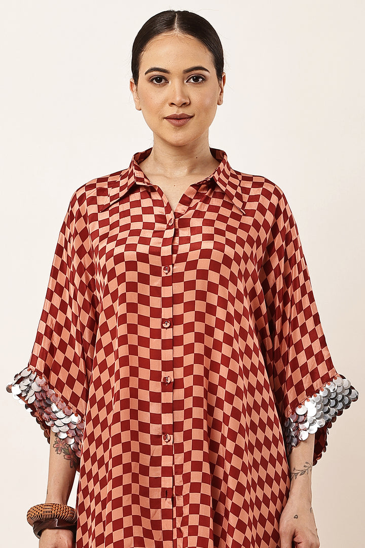 MAROON CHECK FLARED CO-ORD SET