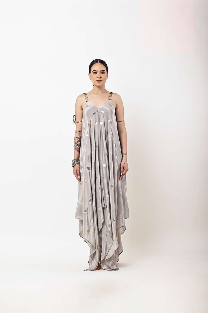 GREY EMBROIDERED HANDKERCHIEF DRESS