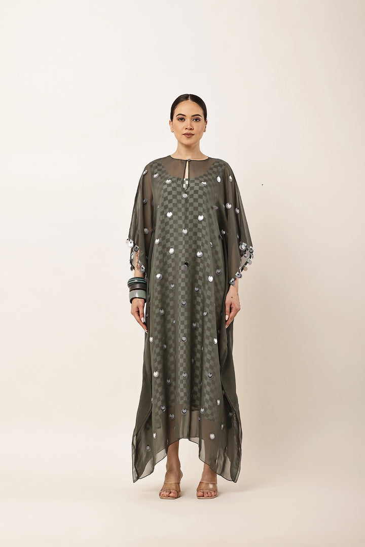 GREEN SEQUINS EMBROIDERED KAFTAN