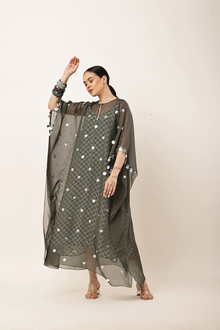 GREEN SEQUINS EMBROIDERED KAFTAN
