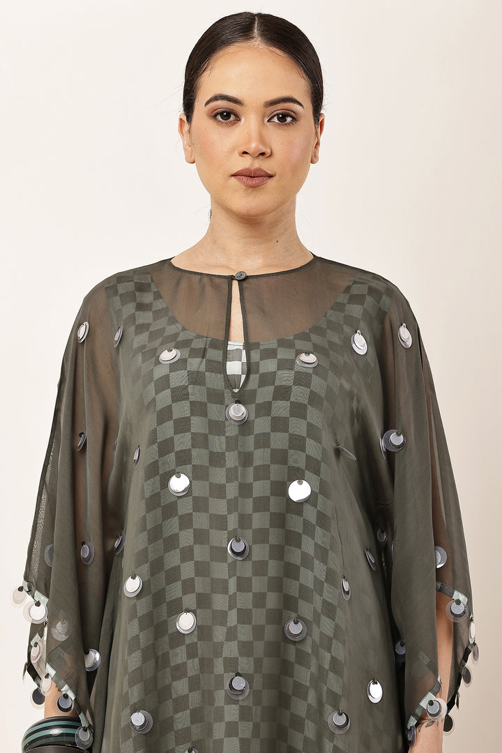GREEN SEQUINS EMBROIDERED KAFTAN