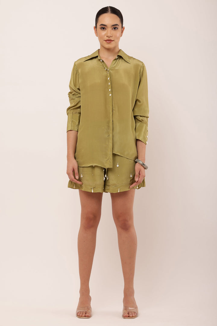 GREEN EMBROIDERED SHORTS SET