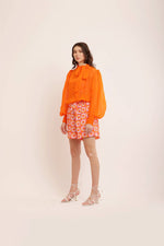 Load image into Gallery viewer, ORANGE ORGANZA KNOT COLLARED TOP WITH PRINTED SHORTS
