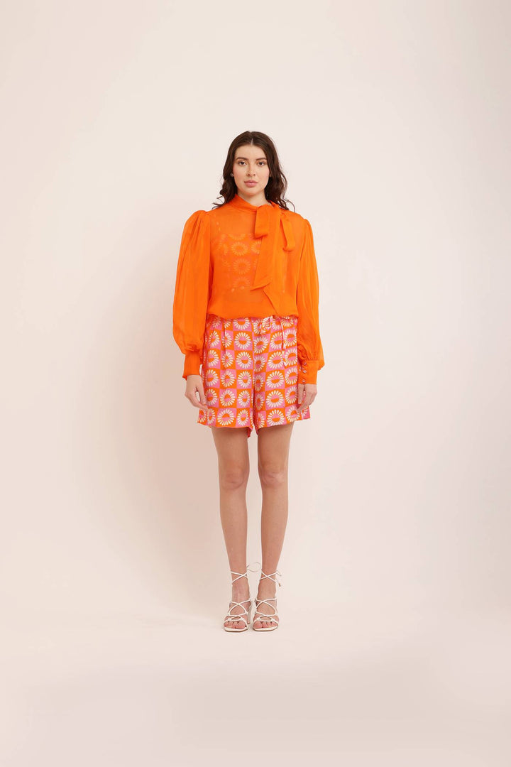 ORANGE ORGANZA KNOT COLLARED TOP WITH PRINTED SHORTS