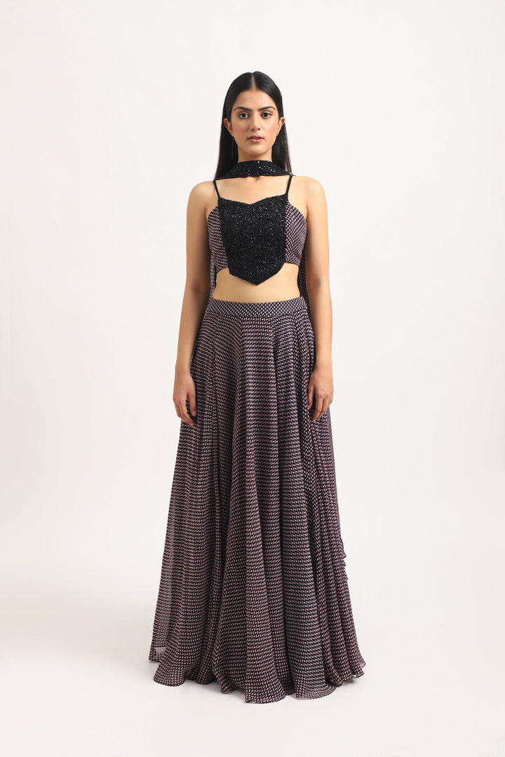CHEVRON ORGANZA LONG SKIRT WITH EMBROIDERED BUSTIER