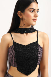 CHEVRON ORGANZA LONG SKIRT WITH EMBROIDERED BUSTIER