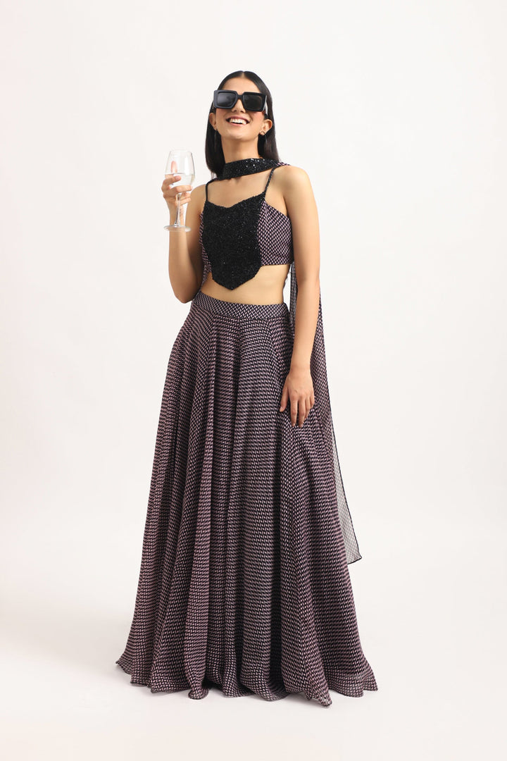 CHEVRON ORGANZA LONG SKIRT WITH EMBROIDERED BUSTIER
