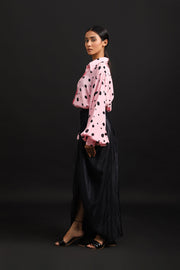 BLACK GATHERED SKIRT WITH POLKA SHIRT