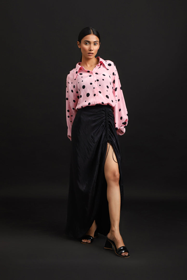 BLACK GATHERED SKIRT WITH POLKA SHIRT